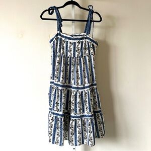 Blue & White Floral Striped Tiered Dress